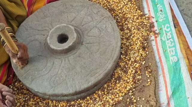 Indian housewife woman in traditional clothing grinding grains in stone flour mill. In indian cultural households ancient technology used with manual efforts. grinding grains after drying.