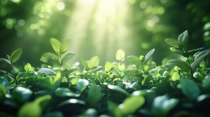 Lush green plants bask in sunlight, creating a serene and vibrant atmosphere in a forest setting.