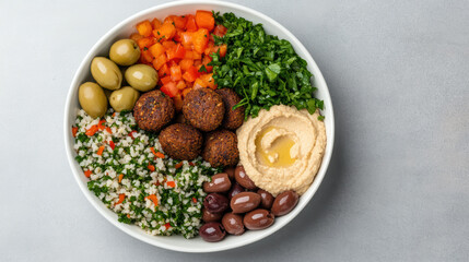 vibrant Mediterranean inspired Buddha bowl featuring falafel, fresh vegetables, and hummus