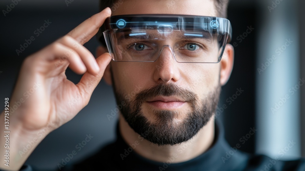 Poster a young business professional wearing innovative augmented reality headset, exploring futuristic dig