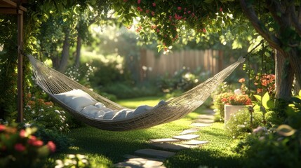 A serene garden scene featuring a hammock draped between trees, surrounded by vibrant flowers and lush greenery, inviting relaxation and tranquility.