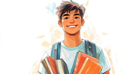 A cheerful young boy with a backpack smiles while holding several colorful books, conveying a sense of joy and enthusiasm for learning.