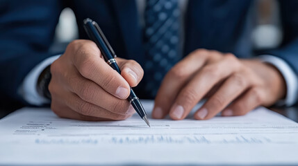 Naklejka premium professional man in suit is signing document with pen, showcasing moment of business engagement