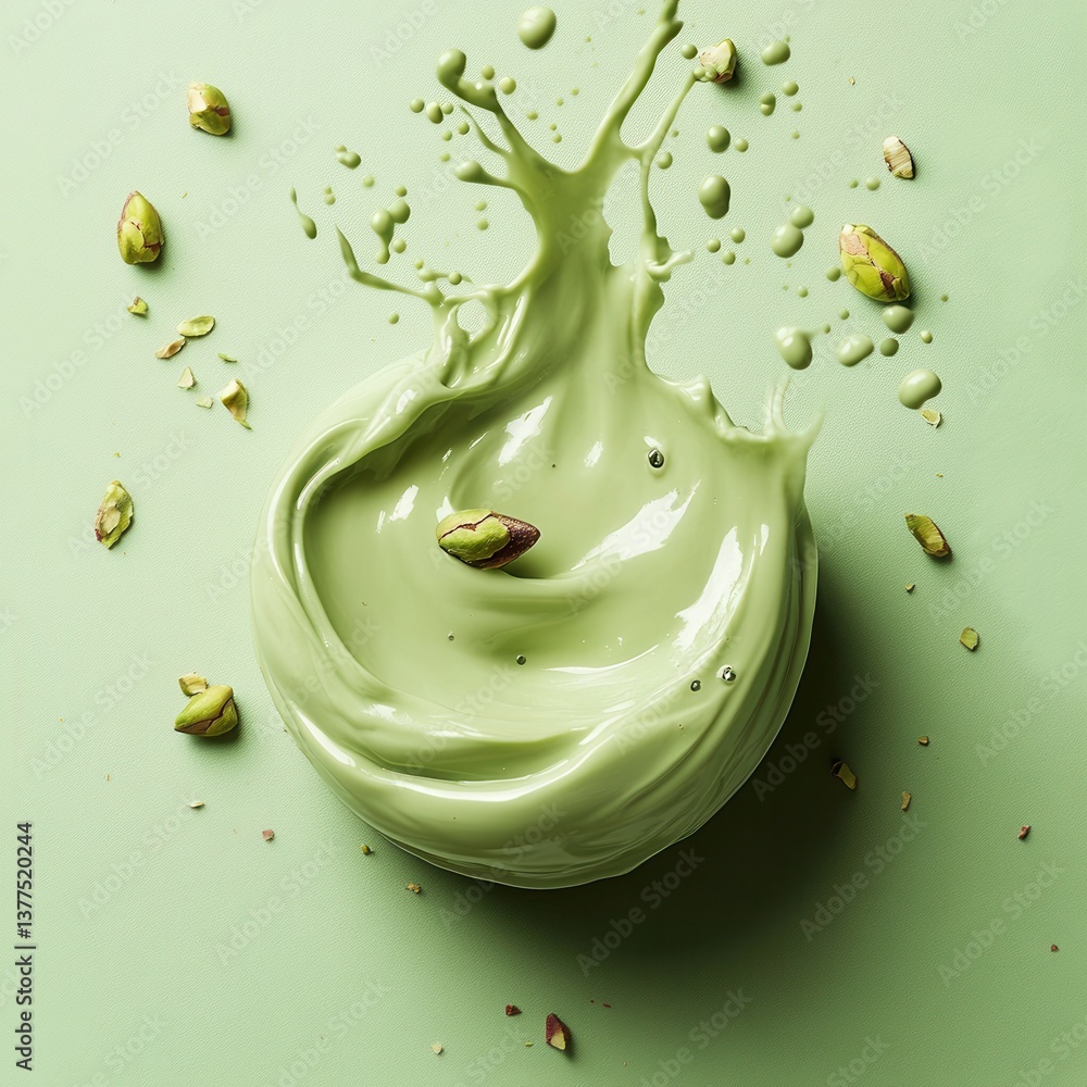 Poster a vibrant splash of green liquid with scattered pistachios, creating a dynamic and appetizing visual
