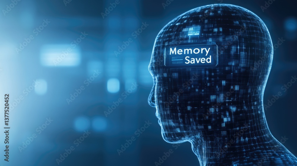 Poster digital human head memory saved data storage concept ai technology