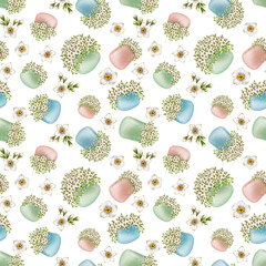 Seamless pattern of white flowers primroses in blue, green, beige ceramic pots. Watercolor illustration isolated on white. Floral pattern of foget-me-not in pots botanical style for spring design