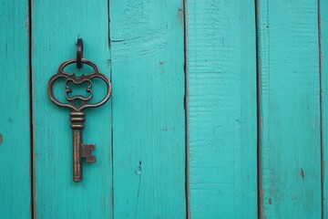 Antique key on teal wooden wall