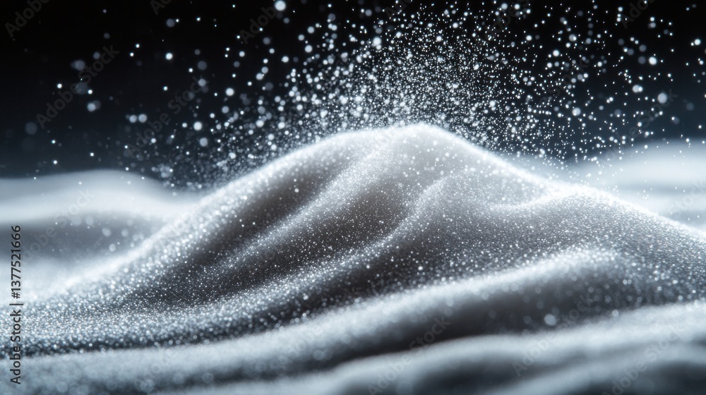 Poster a close-up of a shimmering mound of fine particles, capturing light and creating a mystical, etherea