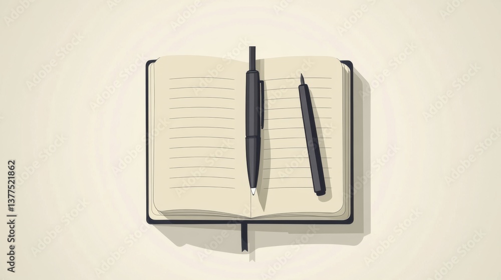 Poster an open notebook with a pen resting on its pages, creating a simple and clean workspace aesthetic fo