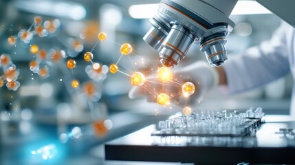 A cutting-edge research laboratory equipped with advanced scientific instruments, computer monitors, and glowing molecular structures.