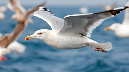 Obraz premium Majestic Seagull in Flight Over Ocean Waves