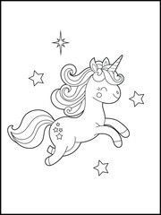 Bold and Easy Printable Unicorn Coloring Page for Kids. Cute, Hand-Drawn, Black and White Coloring Sheet with Cartoon Characters and Simple Doodles