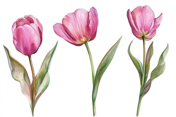 Fototapeta premium Watercolor Pink Tulip Flowers Isolated on White Background, Shown from Three Different Angles