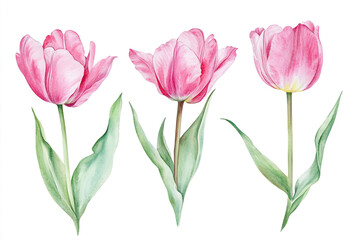 Fototapeta premium Watercolor Pink Tulip Flowers Isolated on White Background, Shown from Three Different Angles