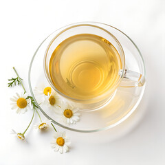 clear glass teacup, chamomile tea, yellow liquid, on white background 