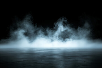 Fototapeta premium Smoke on floor. Isolated black background. Misty fog effect texture overlays for text or space. Smoke fog misty overltays effect on isolated black background. 