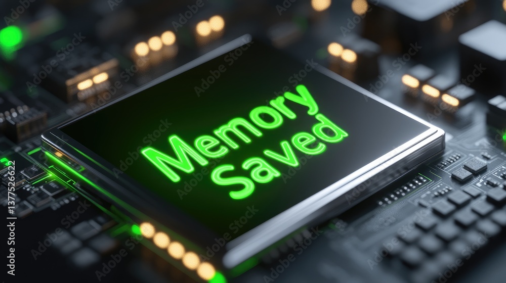 Poster green glowing text memory saved on a computer circuit board data storage memory management efficient