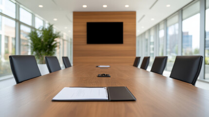 modern corporate boardroom featuring large wooden table, black chairs, and blank screen