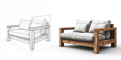 Skizze moderner Holzm&ouml;bel das als realistische Objekt gleicherma&szlig;en dargestellt wird. Konzepdesign M&ouml;beldesign
