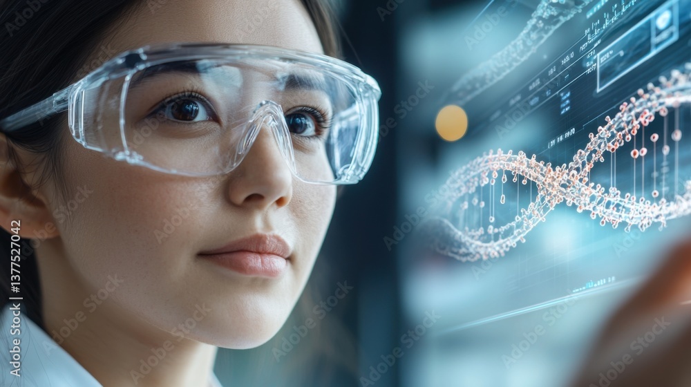 Aufkleber team of scientists in a modern laboratory using augmented reality technology for bioengineering rese