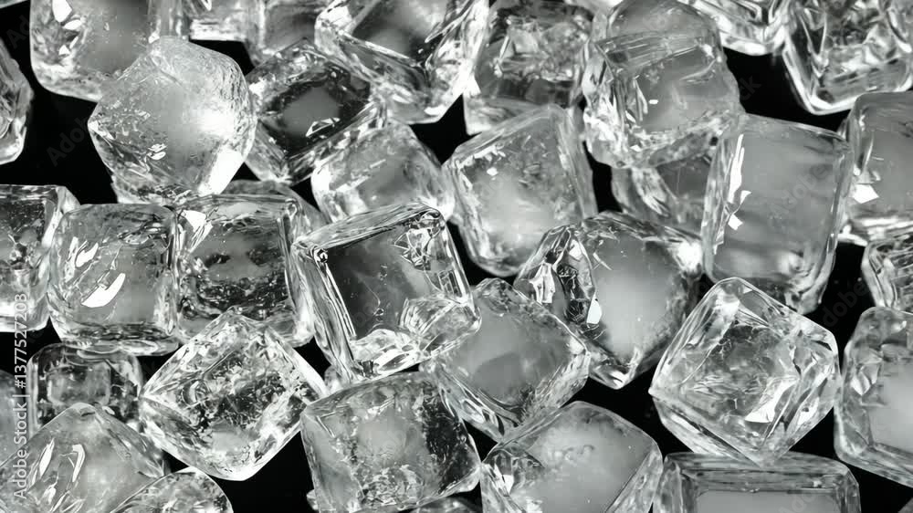 Poster ice cubes scattered on a dark background glisten in bright light creating a refreshing visual effect