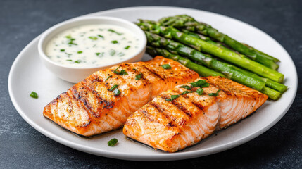 Grilled salmon fillets served with asparagus and creamy sauce create delightful dinner