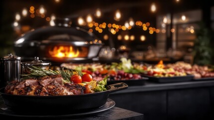 Lavish buffet spread featuring an impressive assortment of delectable dishes including savory entrees tempting side dishes and mouth watering desserts all set against a backdrop of warm