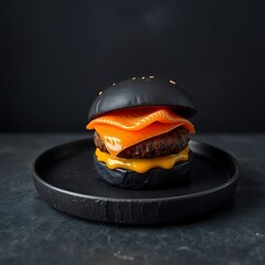 Gourmet Black Burger with Salmon and Cheese on black background