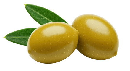 Isolated Two Green Olives with Leaves