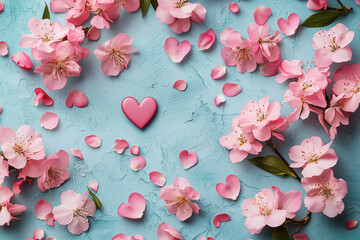 Obraz premium Spring background with pink flowers, heart and petals. Greeting card for Woman day. Flat lay style. Top view. 
