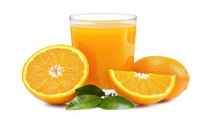 Fresh orange juice with sliced oranges and leaves
