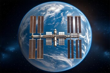 Satellite or space station orbiting planet Earth with solar panels visible, set against the backdrop of space – ideal for science, astronomy, technology, aerospace, and global communication themes