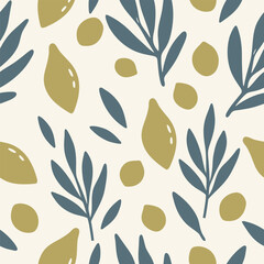 Olive Branch and Fruit Pattern. Seasonal texture, perfect for textile, wrapping paper or print designs.