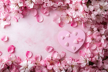 Fototapeta premium Spring background with pink flowers, heart and petals. Greeting card for Woman day. Flat lay style. Top view. 