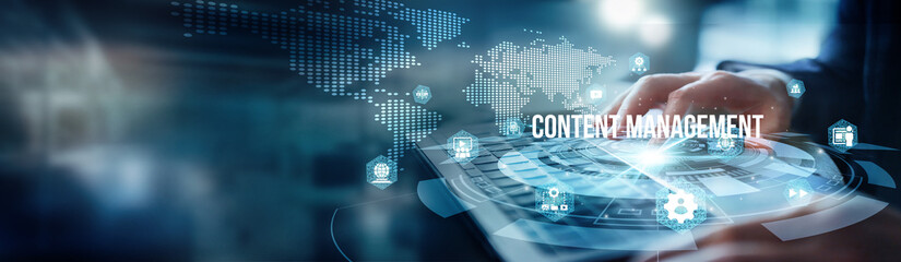 A man is using a laptop with an icon of content management on the keyboard, analyzing page views,...