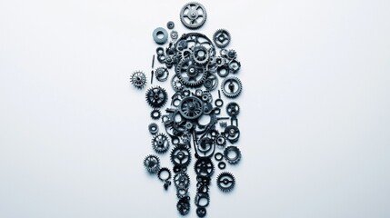 Intricate arrangement of gears and mechanical components in shades of gray on a white background