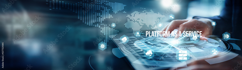 Poster a man using a laptop analyzes tools for platform as a service. infrastructure, scalable hosting, and