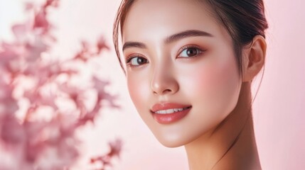 Naklejka premium Close-up portrait of a smiling young woman with soft features and natural makeup against a pink cherry blossom background during daytime