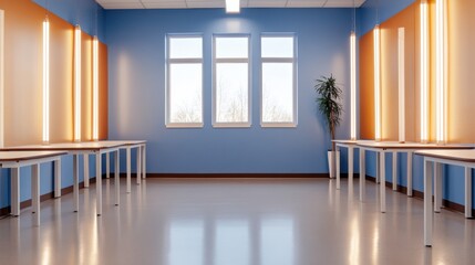 A neurodivergent-friendly classroom with brightly colored walls and adjustable lighting, offering an inclusive, adaptable learning environment.