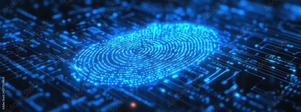 Poster digital fingerprint representation on a circuit board background showcasing technology and security 