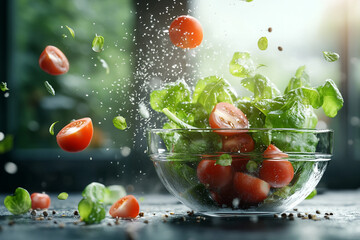 vibrant salad with fresh cherry tomatoes, crisp lettuce, and herbs is tossed in glass bowl, capturing dynamic moment with ingredients mid air, evoking freshness and vitality