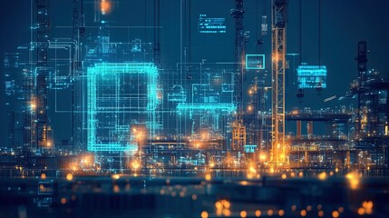 A digital construction site with engineering workers at work. 