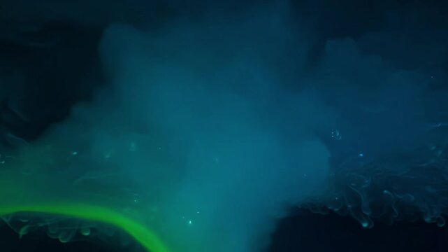 Mysterious tilt-down low key lighting video, interaction of midnight blue and sea green fog vortices, under a dark sky, generating fluid and dynamic movements