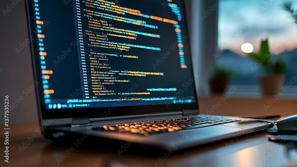 Poster coding session in a warm-toned workspace during sunset showcasing programming language on a laptop s