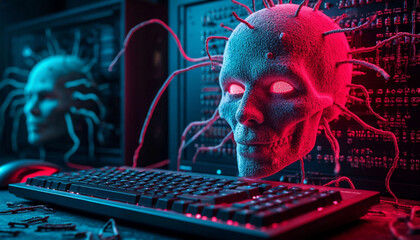 Computer virus abstract illustration, generated by AI