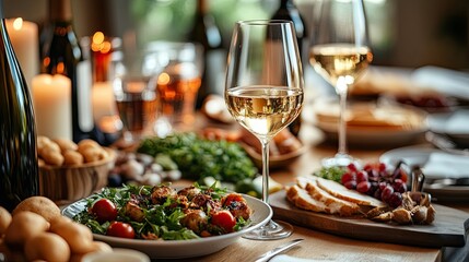 A dining table set with food and wine