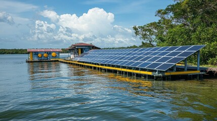 Sustainable solar energy installation on a floating platform in a tranquil waterway surrounded by lush greenery