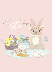Happy Easter Greeting Card with Cute Bunny and Easter Elements