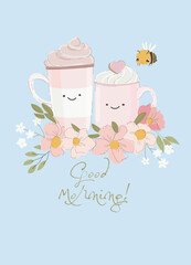 Hand drawn trendy couple of tea or coffee cups standing on floral wreath