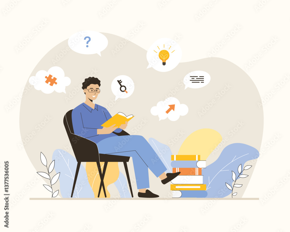 Poster finding ideas, solutions, brainstorming process. man researching books for finding information and p